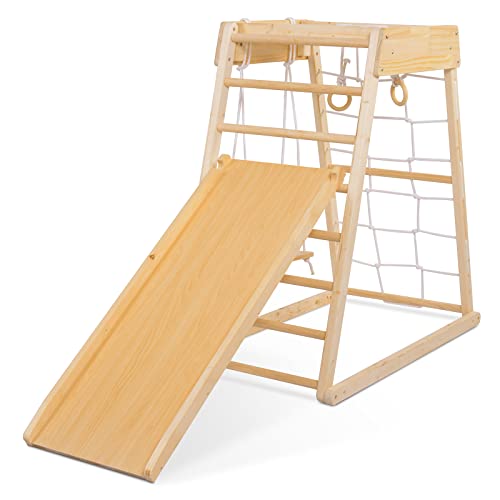 Ogelo Triángulo de Escalada de Madera para niños, 6-en-1 con Gimnasio de Jungla, Rampa de Escalada Triangular, Tobogán, Columpio, Barras de Mono, Escalera de Cuerda para Niños de 1-6 años