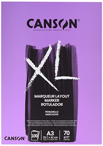 Canson XL, Papel de dibujo de color, Muy suave, 70g, Encolados por el lado corto,  A3-29,7x42cm, Extra Blanco, 100 hojas