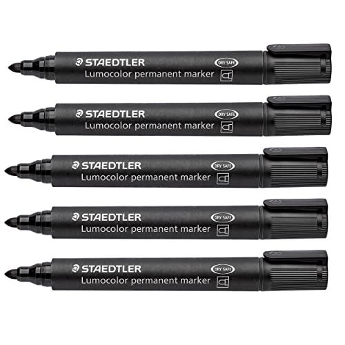 STAEDTLER Rotulador Permanente Lumocolor, Resistente A Las Manchas y Al Agua, Punta Redonda de 2 Mm, Recargable, de Secado Rápido, de Larga Duración, con Poco Olor, 5 Rotuladores Negros, 352-9X