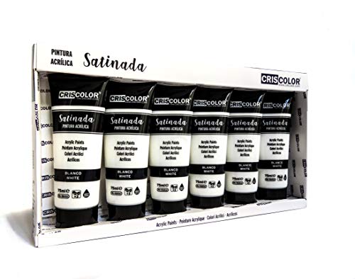 Pintura Acrílica para trabajo artístico y manualidades - PACK 6x75ml - Papel, Lienzo, Madera, Cerámica. Principiantes, Estudiantes y Artistas profesionales (BLANCO)