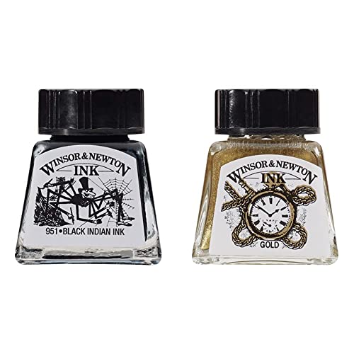 Winsor & Newton Tinta para Dibujo Drawing Ink - frasco de 14ml, tinta china negra, indian ink, resistente al agua y la luz + Tinta de Dibujo, Dorado (Gold), 14ml