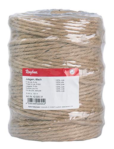 Rayher 4200531-Cuerda Plegable para decoración y Trabajos de jardinería Hilo de Yute, Sextuple, 4-6mm ø Aprox, Natural, Bobina 120m