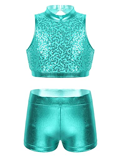 IEFIEL Maillot Lentejuelas de Patinaje Artístico para Niña Conjuntos de Danza Moderna Crop Top +Leggings Pantalones Cortos de Danza Gimnasia Disfraz de Baile Verde Turquesa 9-10 años
