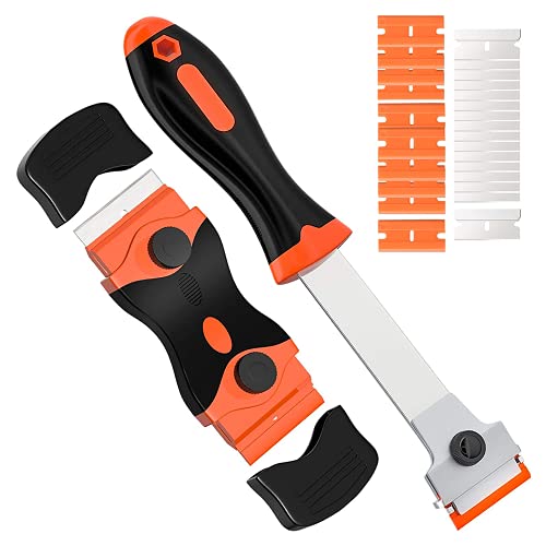 Rasqueta vitroceramica，Rasqueta para raspadores multiusos con 15pcs Acero Inoxidable Cuchillas y 10pcs cuchillas plástico,utilizado para quitar pegatinas, pegamento, manchas, grasa de parabrisas