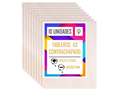 Arte-Directo 10 x A3 Tablero Madera Contrachapado | 420 x 300 x 3 mm (+/- 0.5mm) | Manualidades Chapa Maciza Abedul para Bricolaje | Ideal para Pirograbado, Corte por Laser, CNC Router, Modelado