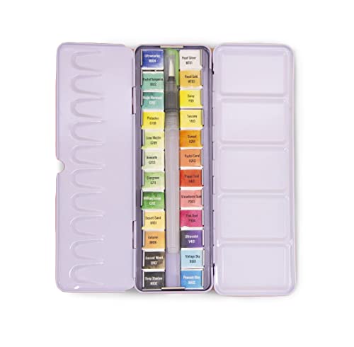 Craftelier - Caja de Pastillas de Acuarelas con Surtido de 24 Colores + Pincel con Depósito de Agua o Waterbrush para Caligrafía, Lettering o Mixed Media y otras Manualidades | Alta Pigmentación