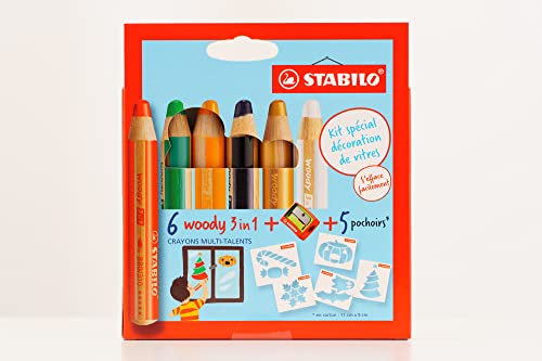 STABILO Caja de cartón x 6 woody 3 en 1 especial decoración de ventanas + 1 sacapuntas + 5 plantillas