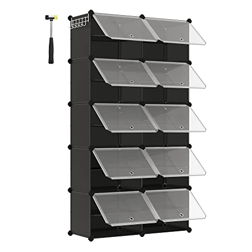 SONGMICS Mueble Zapatero Plástico, 10 Compartimentos, Zapatero Modular, Estantería Modular de Plástico, 30 x 40 x 30 cm Cada Cubo, con Puerta, Marco de Acero, Paneles de Plástico, Negro LPC035B01
