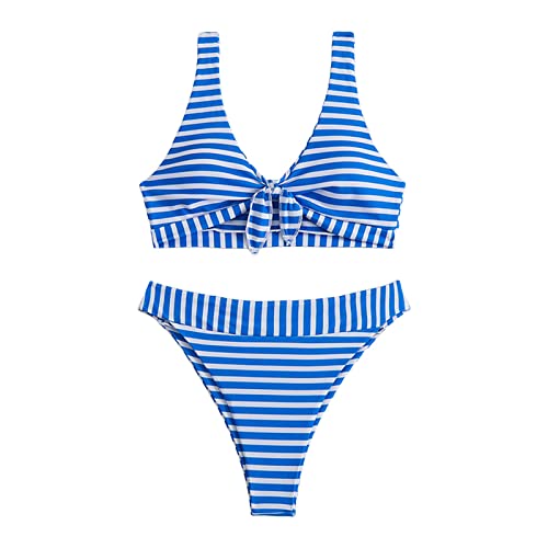 Genérico Bikini a Rayas Europeo y Americano para Mujer, bañador Sexy sin Espalda de Cintura Alta Que Cubre el Vientre, bañador Dividido a Rayas Ajustado para Mujer Bikini Mujer Puntilla