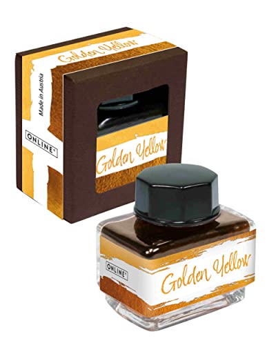 ONLINE Tinta dorada amarilla con purpurina dorada, 15 ml, tinta dorada para caligrafía, lettering, tinta de escritura, barril de tinta para convertidor, tinta de repuesto a base de agua