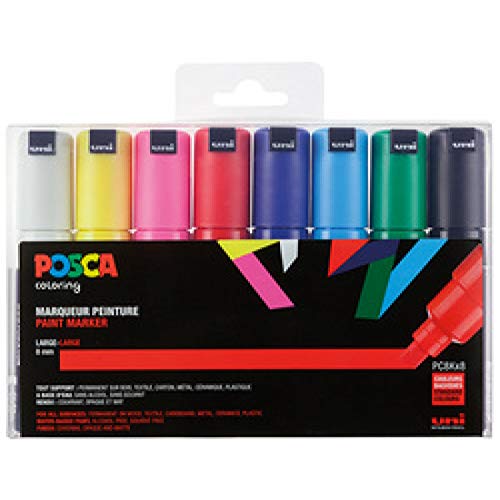 Posca - Set de 4 marcadores PC8K, punta ancha biselada - Colores: negro, blanco, dorado, plateado