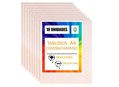 Arte-Directo 10 x A4 Tablero Madera Contrachapado | 210 x 300 x 5 mm (+/- 0.5mm) | Manualidades Chapa Maciza Abedul para Bricolaje | Ideal para Pirograbado, Corte por Laser, CNC Router, Modelado