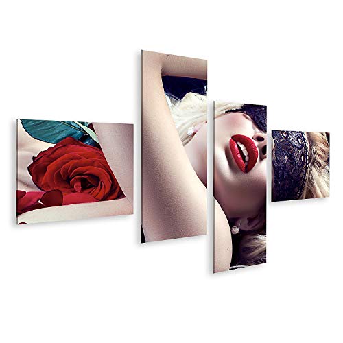 islandburner Cuadro en Lienzo Hermosa Mujer Rubia con máscara de Encaje Negro sobre los Ojos Tumbada en Rosas Labios Rojos y sexys Boca Abierta Hombre Cuadros Modernos Decoracion Impresión Salon