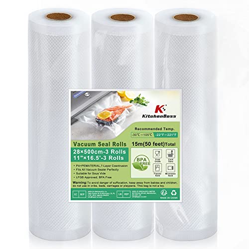 Rollos Envasadora Al Vacio Bolsas Envasar Al Vacio Alimentos：KitchenBoss Bolsas Para Envasar Al Vacio Alimentos para Envasadora al Vacío, Sous Vide Cocina Bolsas Vacio Alimentos 3 Rollos 28x500 CM