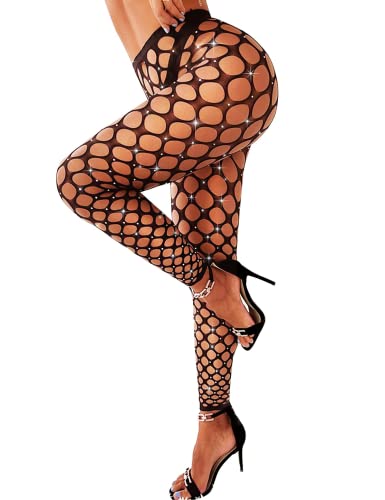 RSLOVE Women Sexy Tights Fishnet Mallas de rejilla con diamantes de imitación Negro Un tamaño