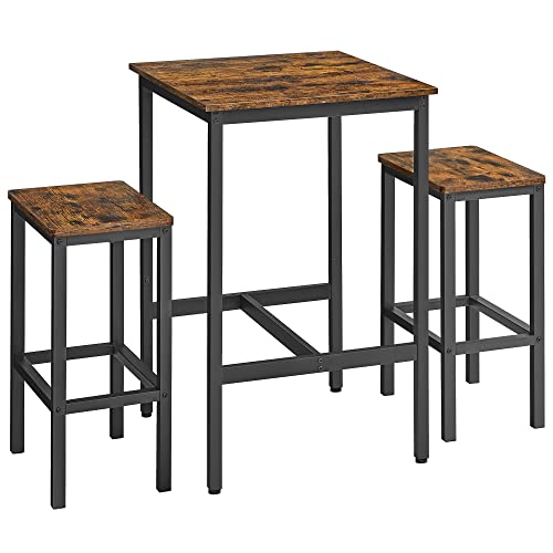 VASAGLE Mesa de Bar con Taburetes, Mesa Comedor con 2 Sillas, Mesa Cocina Pequeña 60 x 60 x 90 cm, Cada Taburete Bar 30 x 40 x 65 cm, para Comedor, Cocina, Industrial, Marrón Rústico y Negro LBT017B01