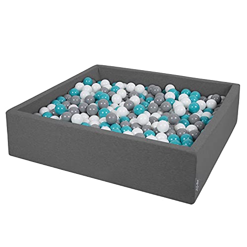 KiddyMoon Piscina De Bolas 120X30cm/300 Bolas El Cuadrado Grande para Ninos,Hecha En La UE, Gris Oscuro:Gris/Blanco/Turquesa