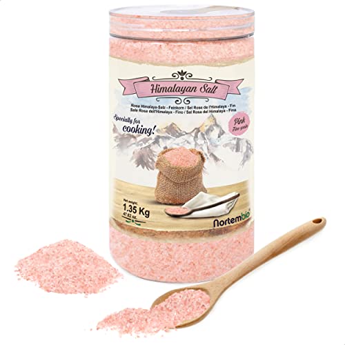 Nortembio Sal Rosa del Himalaya 1,35 Kg. Fina (1-2 mm). Sal Gourmet 100% Natural. Rica en Minerales. Cocina Sana. Sin Refinar. Sin Conservantes. Extraída a Mano. De Punjab Pakistán.
