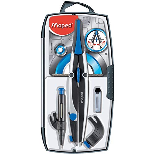 Maped - Compás Dibujo Técnico - Premium Caja con 4 Piezas - Compás con Bigotera Grande - Incluye 1 Abrazadera Universal, 1 Estuche de Minas y 1 Portaminas 0,5 mm - Tornillo de Triple Rosca