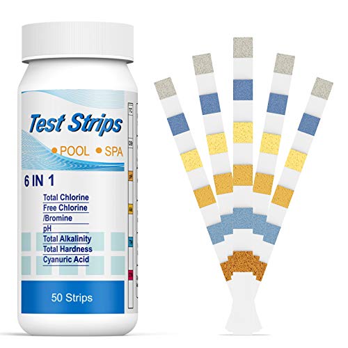 50 Tiras pH Reactiva Piscina 6 en 1, Ehomfy Medidor de ph y Cloro, Analizador cloro, pH, alcalinidad, dureza, ácido cianúrico, para piscina, SPA, bañera