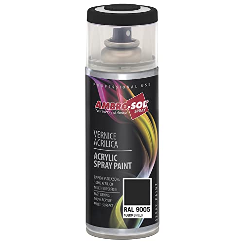 AMBRO-SOL - Pintura acrílica en spray, color Negro Brillo, RAL 9005, resultado profesional en múltiples superficies, exteriores e interiores, 400 ml