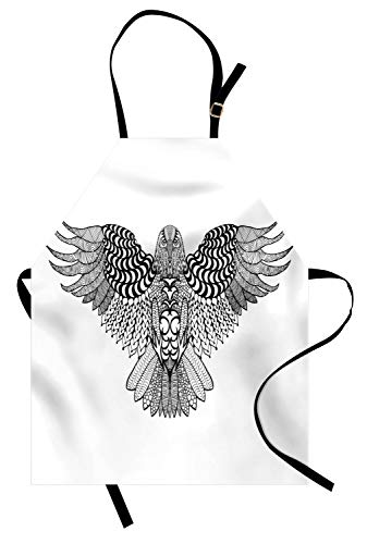 ABAKUHAUS Vintage Tribal Delantal de Cocina, Totem Bird Zentangle, No Se Ensucian Fácilmente Moderna Tecnología de Estampado, del Gris y Blanca