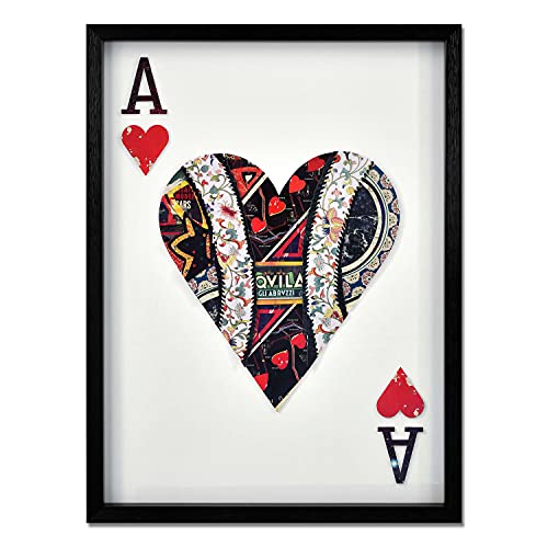 'As de corazones' - Cuadro con efecto 3D realizado con técnica de collage, enmarcado y protegido por un cristal frontal - Multicolor - H60 cm