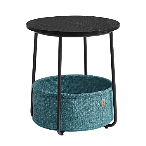 VASAGLE Mesa Auxiliar, Mesa Lateral Redonda con Cesta de Tela, Espaciosa, para Salón, Dormitorio, Mesita de Noche, Estilo Moderno, Negro con Vetas de Madera y Turquesa Oscuro LET223B56