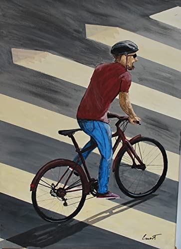 65-Cuadro en lienzo pintado a mano en colores acrílicos, titulado CICLISTA EN PASO CEBRA de medidas 50X70X2 cm. No necesita marco. Artista Ernest Carneado Ferreri
