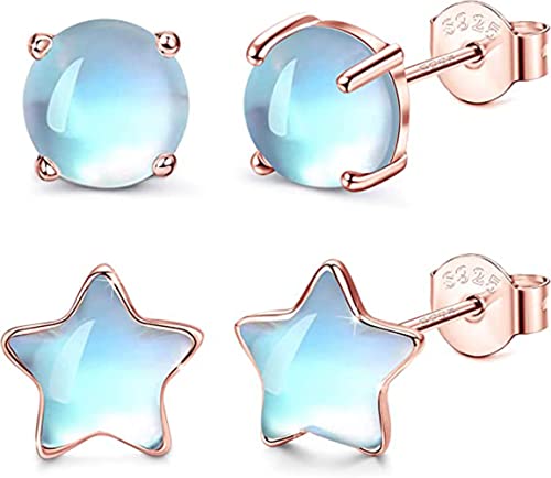 ORAZIO 2 Pares de Pendientes de Piedra Lunar en Plata de Ley 925 Juego de Pendientes Sintéticos en Forma de Estrella y Corazón Pendientes de Hueso Blando Chapados en Oro Rosa Para Mujer