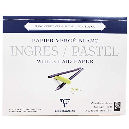 Clairefontaine 96482C Bloc Collé Ingres Pastel - 25 Feuilles Papier Ingres Vergé Blanc - 24x30 cm 130g - Idéal pour le Dessin au Crayon, à la Sanguine ou au Fusain