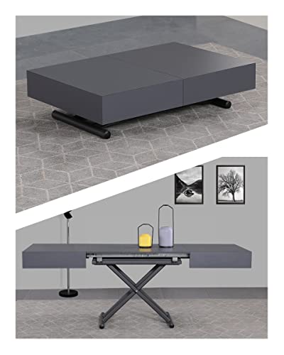 VOLERO', Mesa transformable ahorro de espacio, mecanismo ascendente, modelo Aquiles grande, tapa de madera color gris, estructura de acero color gris arenado.