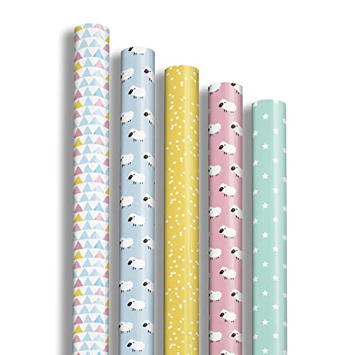 Clairefontaine 211415AMZC – Caja de 12 rollos de papel de regalo – Papel Excellia 80 g – Tamaño: 2 x 0,70 m – Patrón: ovejas, triángulos, niños, multicolor – Embalaje de regalo