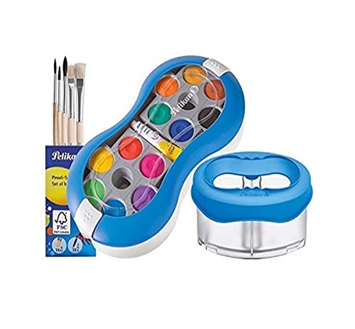 Pelikan Acuarelas Space + 735 SP/12 con 12 Colores y 1 Tubo de Color Blanco/Kit de iniciación (Azul con Recipiente Space para Agua + Juego de brochas)