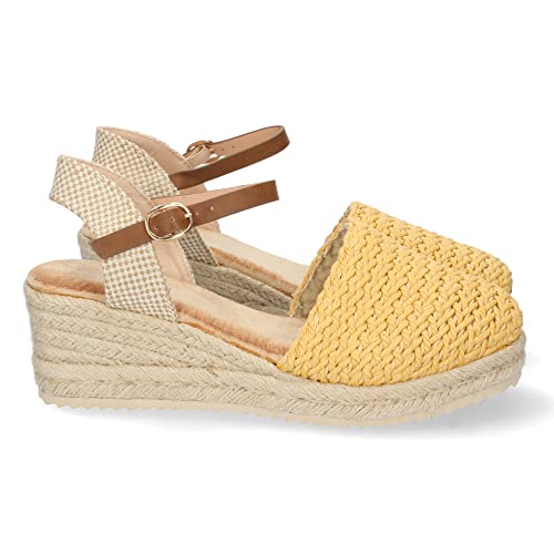 shoes&blues.es 64035-Sandalia de Cuna para Mujer, Forrada de Yute, con Pala Cerrada de Rafia, y Cierre de Hebilla, Primavera Verano 2022. Talla 41 Amarillo