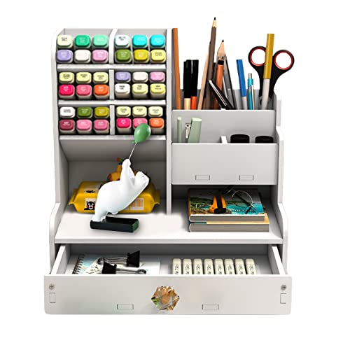 Suwang Organizador Escritorio con Cajón,Blanco,Lapiceros para escritorio de Alta Capacidad para Escritorio,Portalapices Escritorio DIY,Organizador de Escritorio para Oficina,Escuela y Hogar. (PB17)