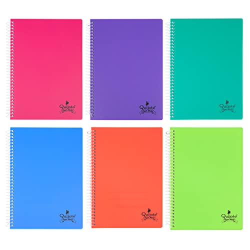 Quijote Paper World PACK 6 CUADERNOS A5 PAUTA 2.5 Espiral flexible, Pauta 2.5mm, Tapa Plástico, 80 Hojas, 90 gramos - 6 Colores flúor