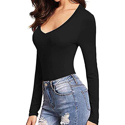 DALIAN Camisetas de manga larga para mujer – Sexy cuello en V Body Femme manga larga jerseys sólidos, Bodysuits para mujer