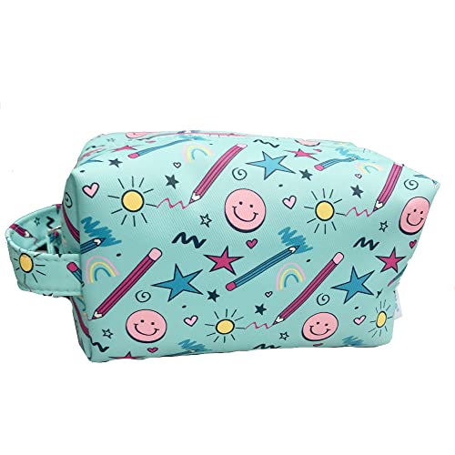 PONETTE - Neceser Infantil Verde Turquesa con Divertido Estampado Multicolor de Emojis Sonrientes, Lápices, Estrellas, Arcoíris, Corazones, Estuche, Colegio, Niña, Niño, Cremallera, Marca Española
