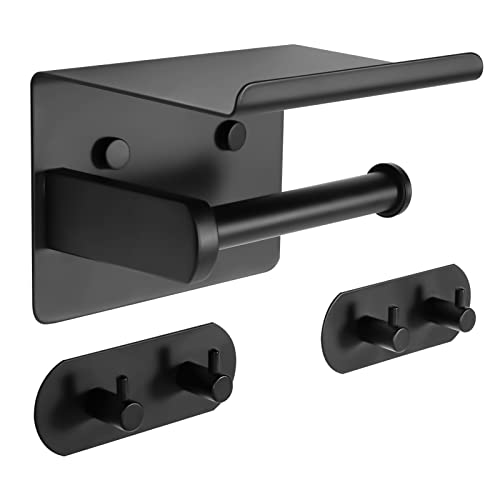 FIVE BAMBOOS Portarrollos Papel higiénico Adhesivo - Sin Taladro, con Estante Porta Rollos de Papel higiénico para Pared, Negro Soporte Papel Higiénico con 2 Ganchos para Baño, Acero Inoxidable