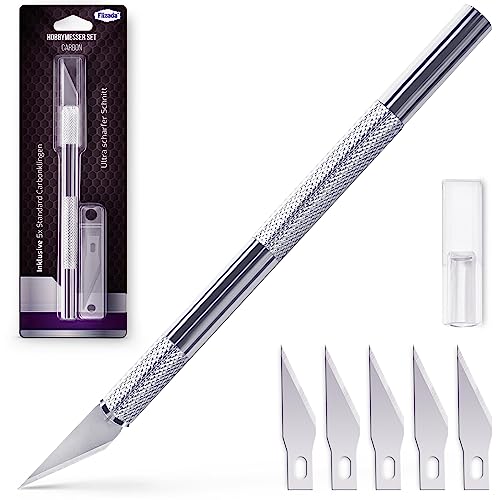 Filzada® Bisturi con 5 hojas de repuesto (estándar) - bisturi manualidades/cuter de precision manualidades en plata para cortar papel, modelos, fondant, telas, etc.