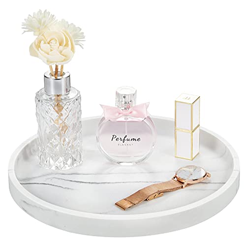 Emibele Bandeja Redondo Elegante, 27 cm Organizador Decorativo de Resina con Veta Mármol para Joyas Cosméticos Perfumes Adornos Baño Tocador Cocina Oficina, Arena Blanca