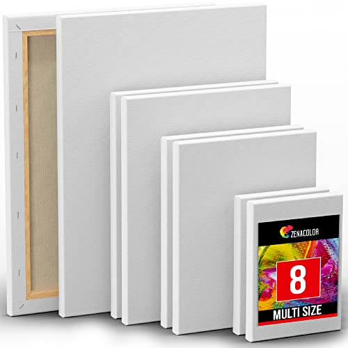 Zenacolor Set de 8 Lienzos para Pintar - 13x18cm 24x30cm 20x25cm 30x40cm - 100% Algodón sin Ácidos - Todo Tipo de Pintura para Telas Blancas