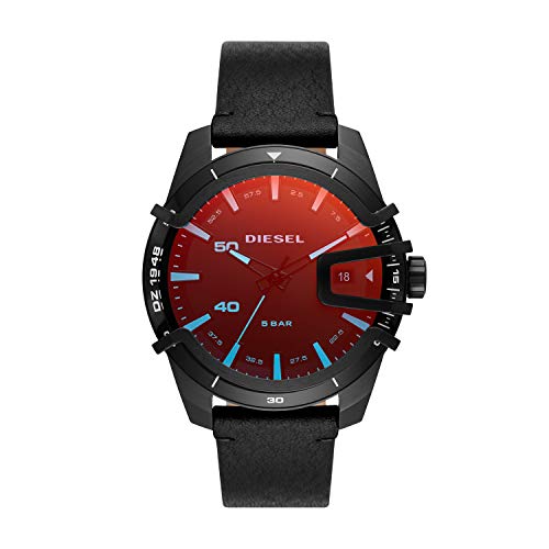 Diesel Reloj para hombre Caged, mecanismo de tres manecillas con fecha, caja de 46 mm de acero inoxidable negro con correa de piel, DZ1948