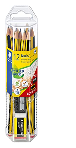 STAEDTLER 61 120P2 Noris Edición Limitada Feliz Aniversario - Tubo hexagonal transparente con 12 lápices de grafito Noris HB de Grafito, 1 Goma de borrar Noris + GRATIS 1 Afilalápices
