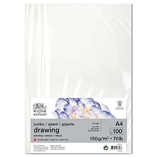 Winsor & Newton Papel de dibujo 6690001, 100 hojas, A4, 150 g/m², grano fino, blanco natural, sin ácidos, calidad archivable, resistente al envejecimiento para rotuladores, tinta y lápices de colores