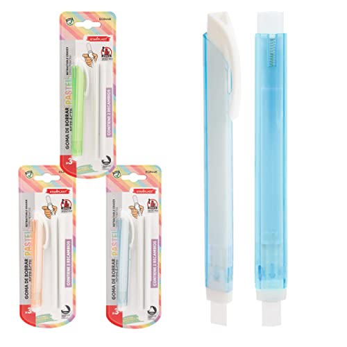 GOMA DE BORRAR RETRÁCTIL 2 RECAMBIOS 3 COLORES PASTEL - PACK 2 SURTIDO