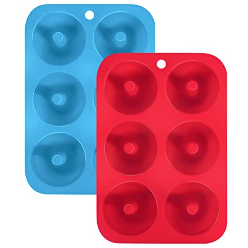 SHARON COOPER Moldes de silicona para hacer donuts, 6 cavidades antiadherentes, de silicona, bandeja para hornear rosquillas, magdalenas, bagels, pasteles, color azul, rojo, paquete de 2 unidades