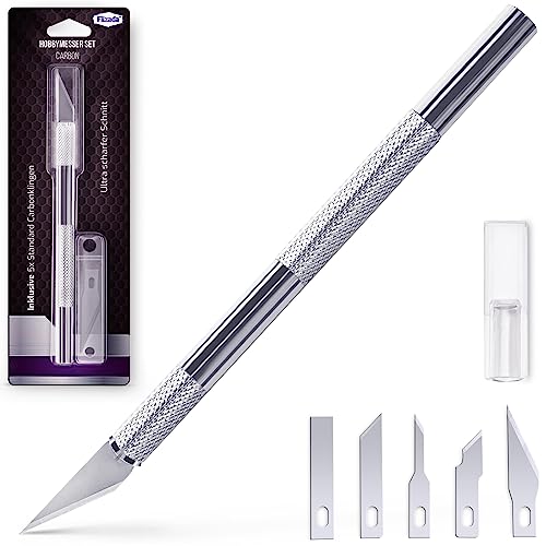 Filzada® Bisturi con 5 hojas de repuesto (diferentes formas) - bisturi manualidades/cuter de precision manualidades en plata para cortar papel, modelos, fondant, telas, etc.