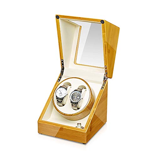 Winding Box Watch Winders - Caja de bobinado para Relojes de bambú Cargador de batería para Reloj con Adaptador de CA Alimentado por batería (bambú 2+0 Interior Blanco)